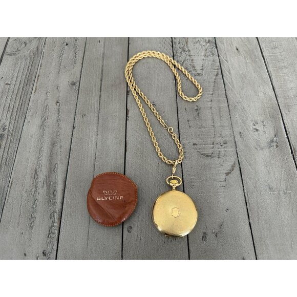 VINTAGE GLYCINE GOLD FILLED SWISS MADE ROMAN NUMERAL POCKET WATCH WITH CHAIN - Picture 1 of 12